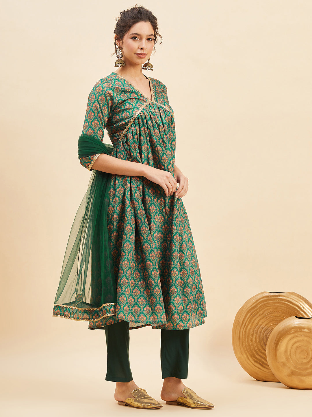 Ethnic Printed Anarkali Kurta With Trousers & Dupatta