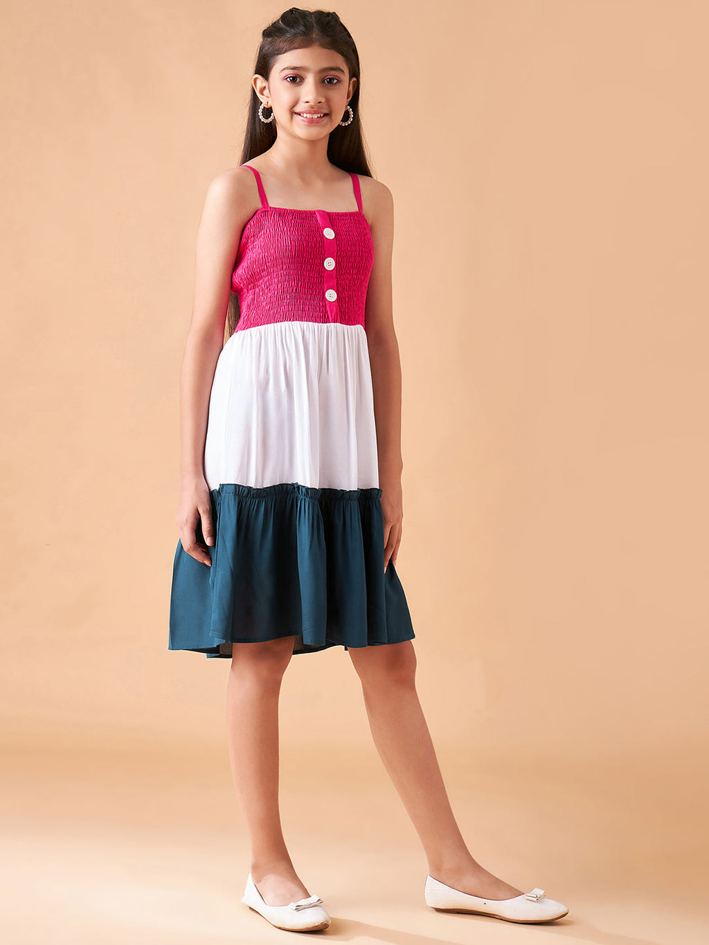 Girls Colourblocked Smocked Detailed Fit & Flare Dress