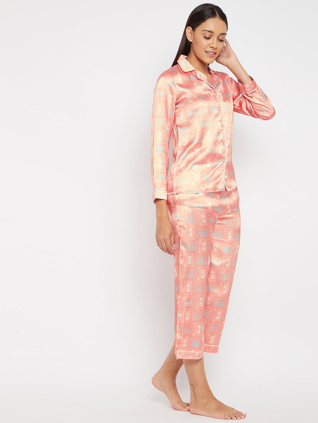 Women Pink & Beige Printed Night suit
