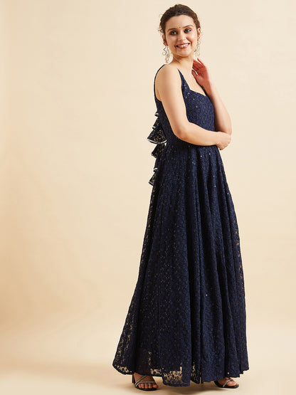 Embroidered Georgette Fit & Flare Maxi Dress - Naby Blue