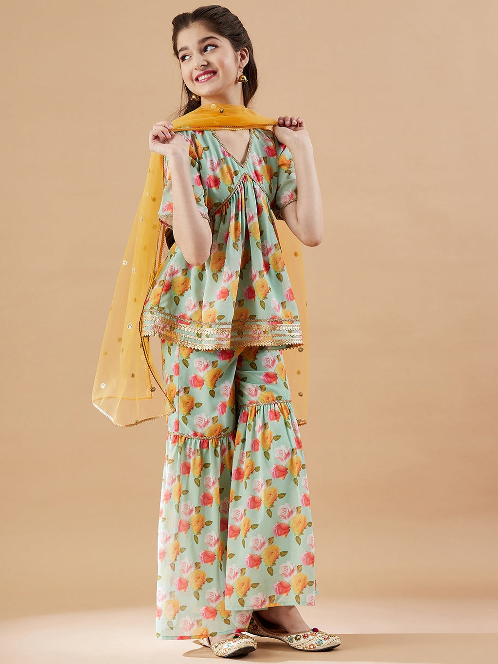 Girls Floral Printed Empire Gotta Patti Kurti with Sharara & With Dupatta