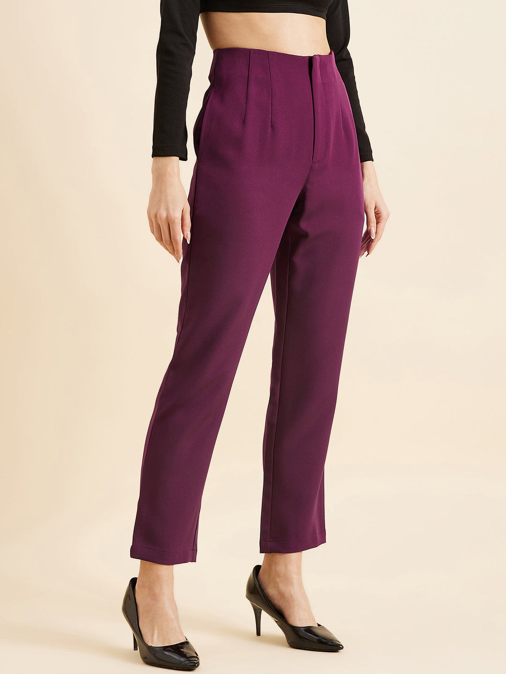 Burgundy Smart Straight Fit High-Rise Pleated Peg Trousers