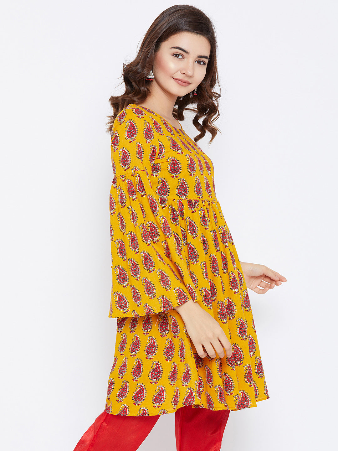 Women Yellow  Red Printed A-Line Kurta