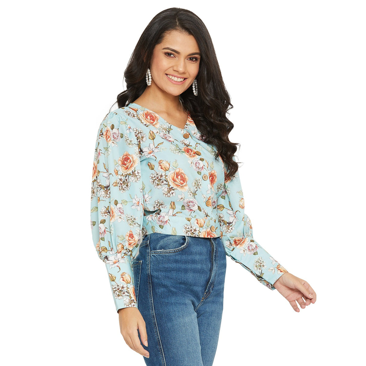 Ice Blue Floral Printed Top With Puff Sleeve