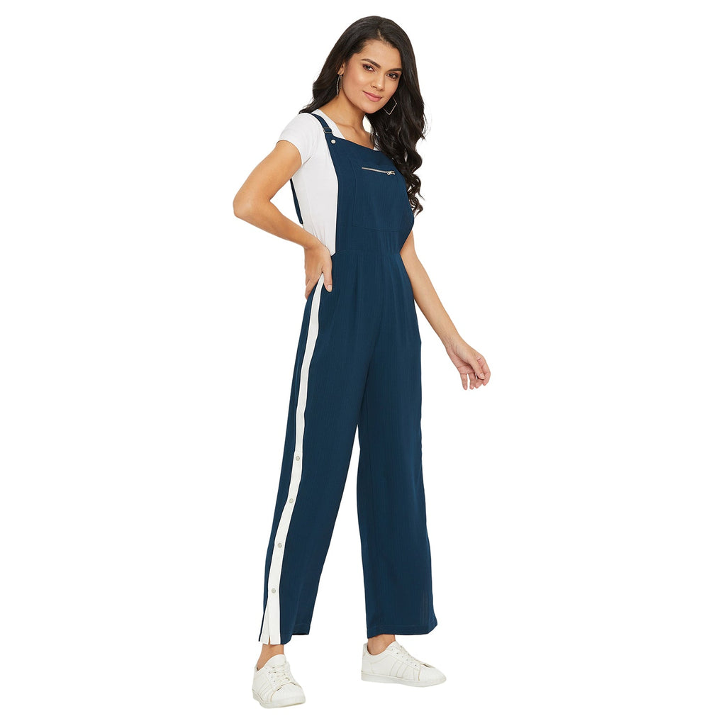 Teal solid dungarees with side stripes detail
