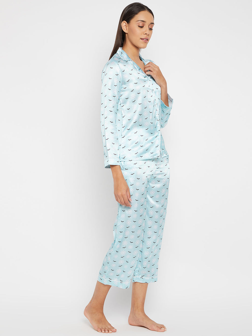 Women Blue & White Printed Night suit