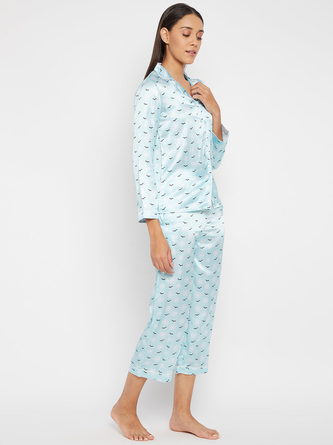 Women Blue & White Printed Night suit