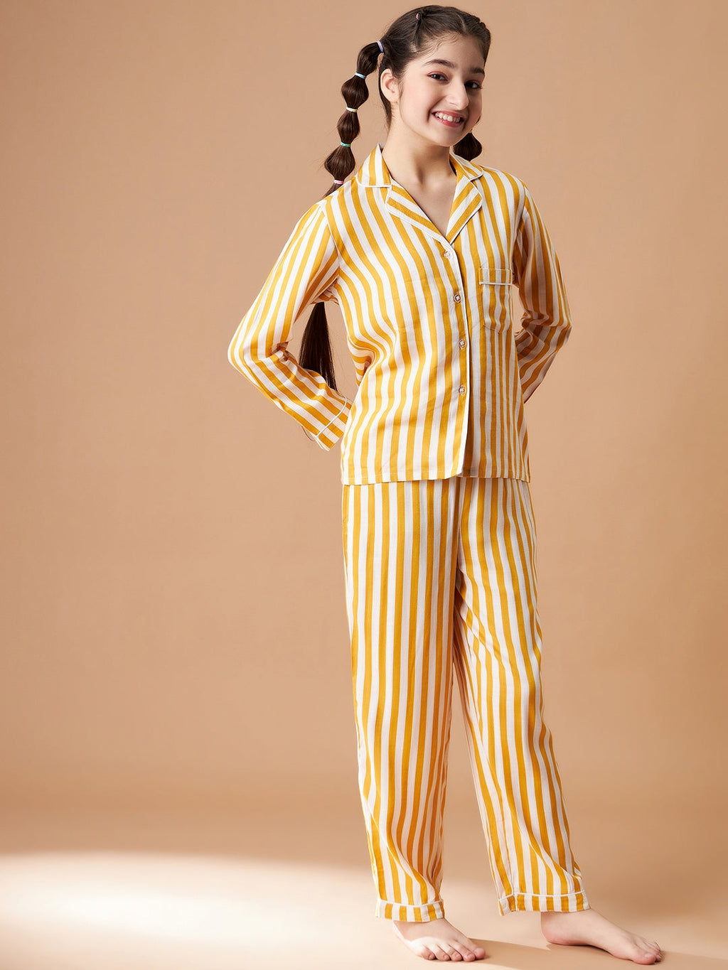 Girls Yellow Striped Cotton Night Suit Set