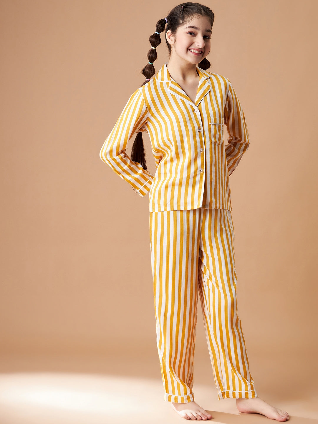 Girls Yellow Striped Cotton Night Suit Set