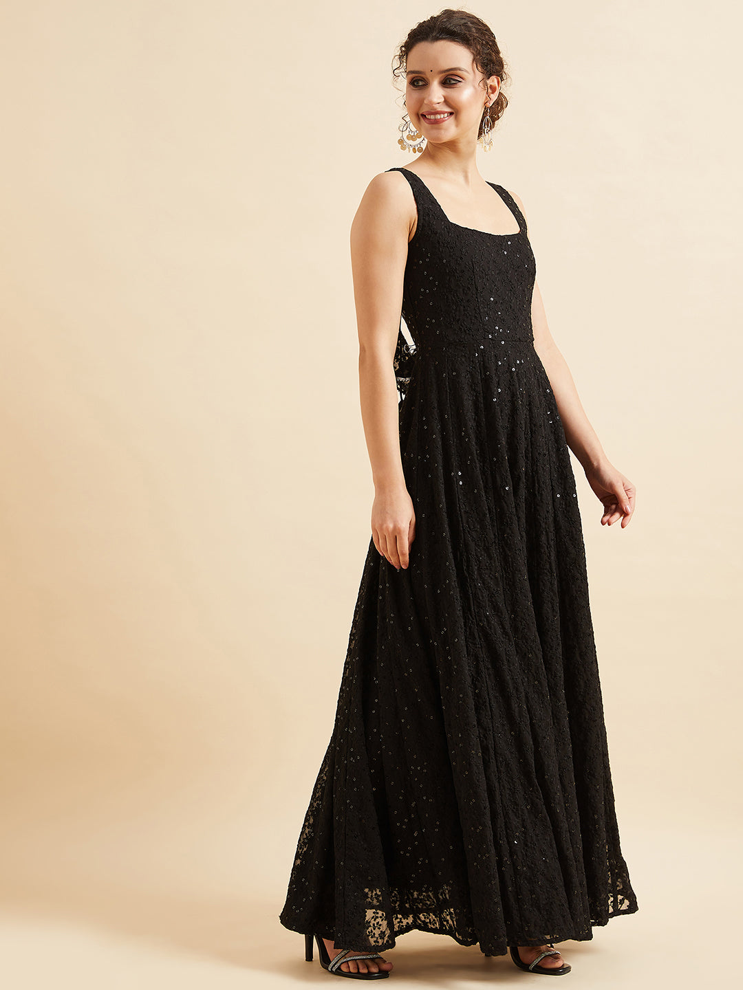 Embroidered Georgette Fit & Flare Maxi Dress - Black