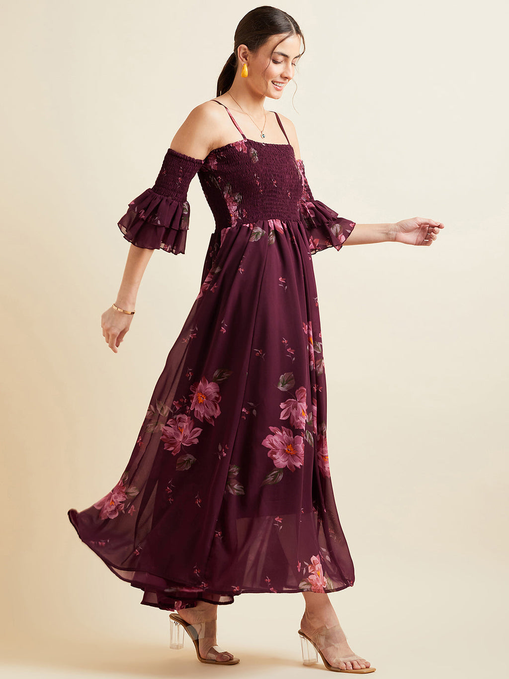 Burgundy & Pink Floral Printed Shoulder Straps Smocked Georgette Maxi Dress