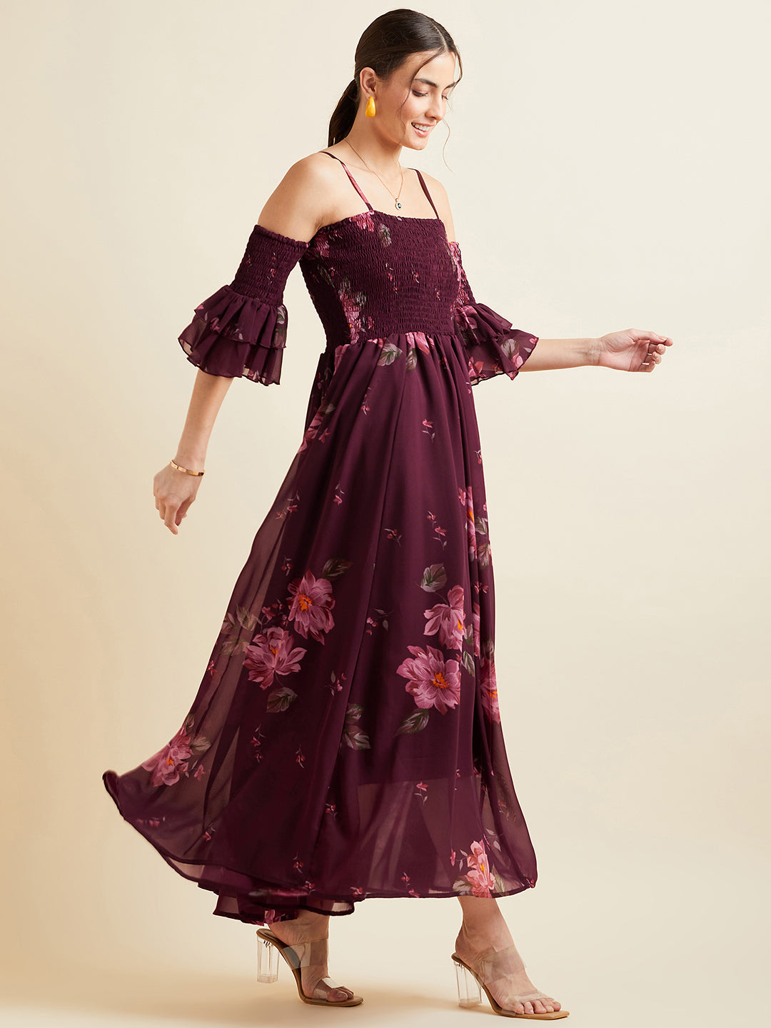 Burgundy & Pink Floral Printed Shoulder Straps Smocked Georgette Maxi Dress