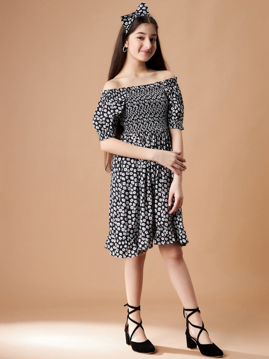 Black Floral Printed Smocking detail a Line Dress
