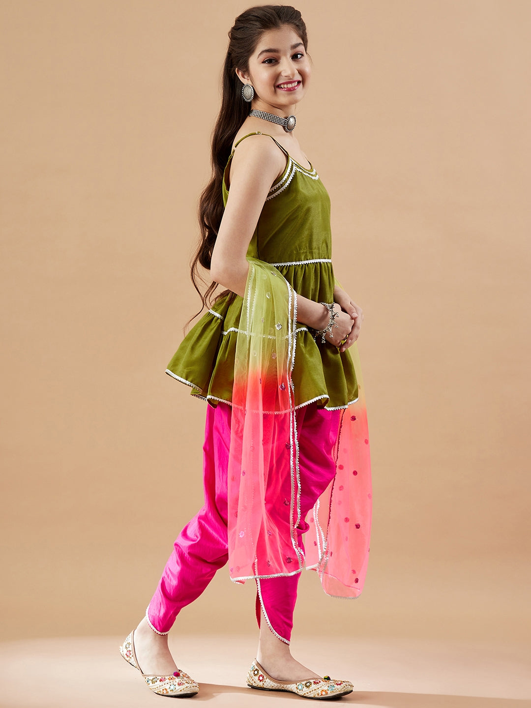 Girls Tiered Gotta Patti Kurti with Dhoti Pants & With Dupatta