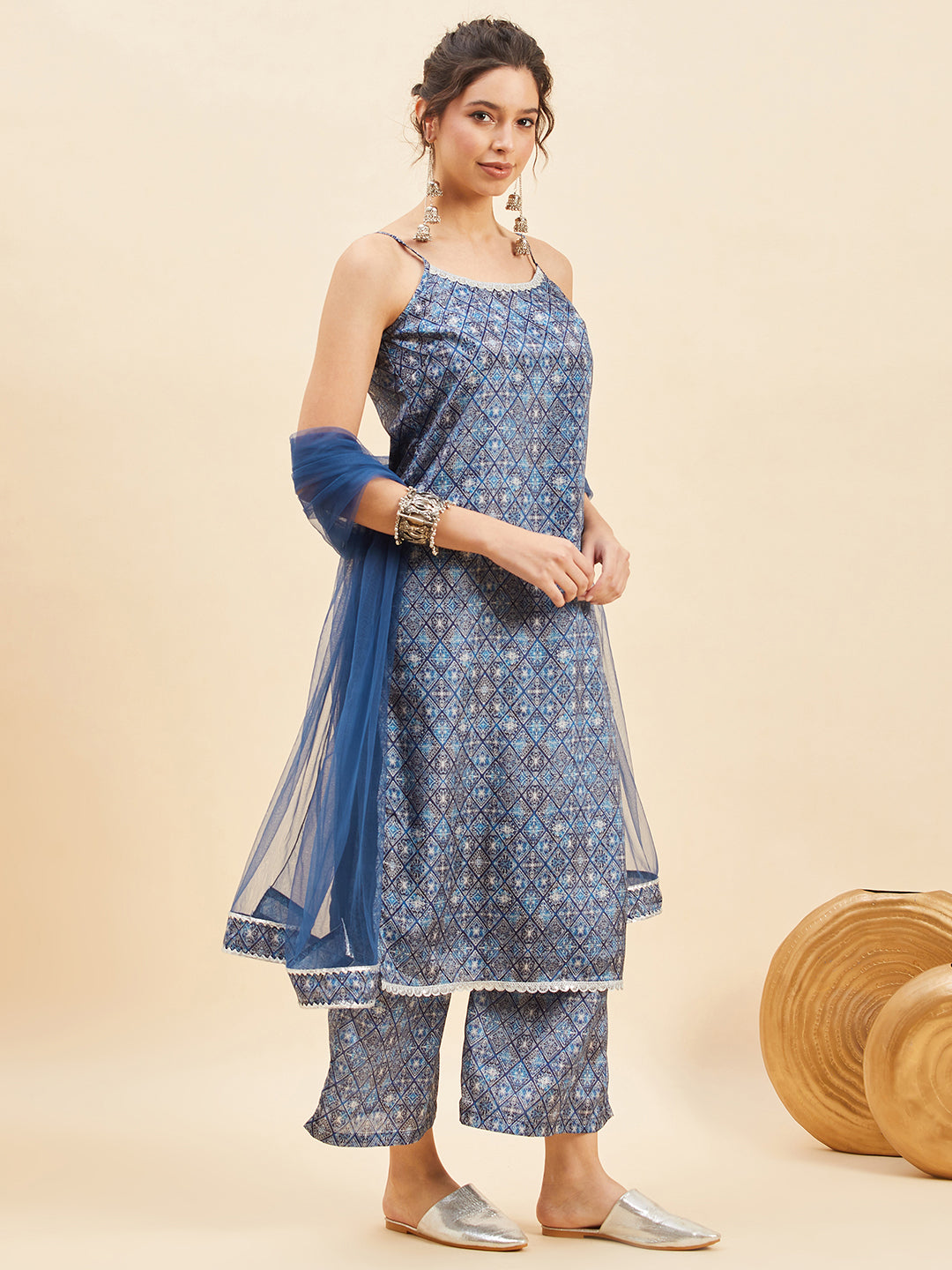 Geometric Printed Shoulder Straps Straight Kurta With Palazzo & Dupatta