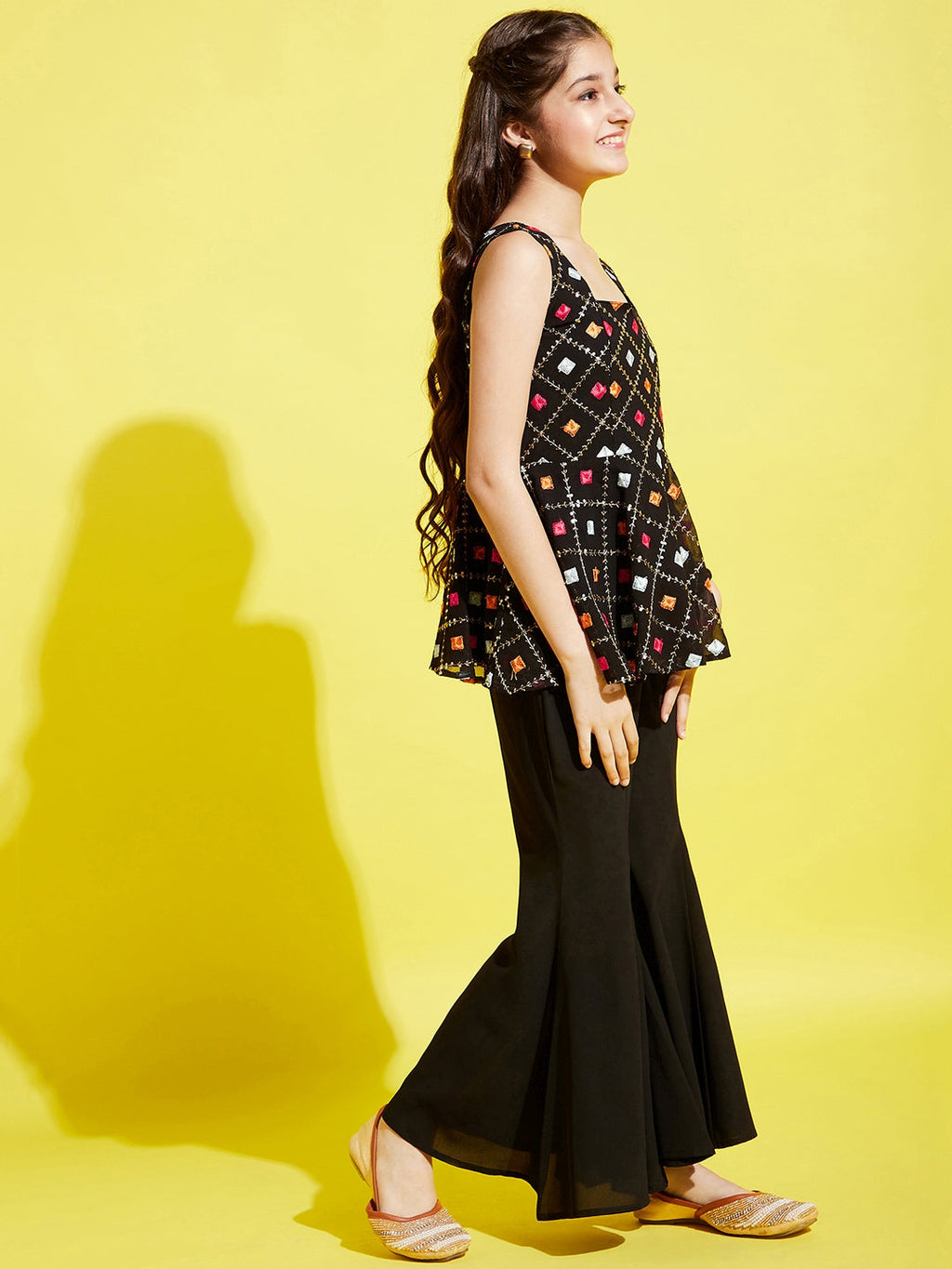 Girls Black & Pink Embroidered A-Line Kurti with Sharara