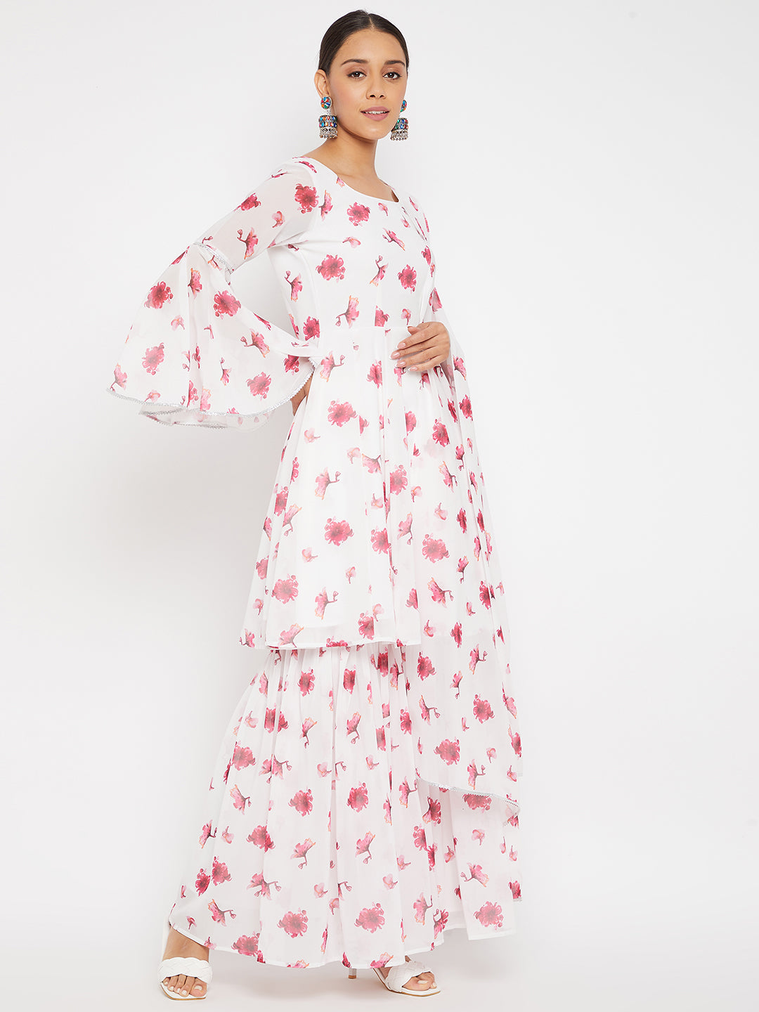 Women White Pink Red Floral Print Sharara Set With Dupatta