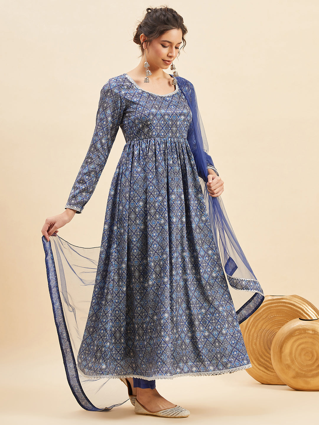 Geometric Printed Empire Anarkali Kurta With Trousers & Dupatta