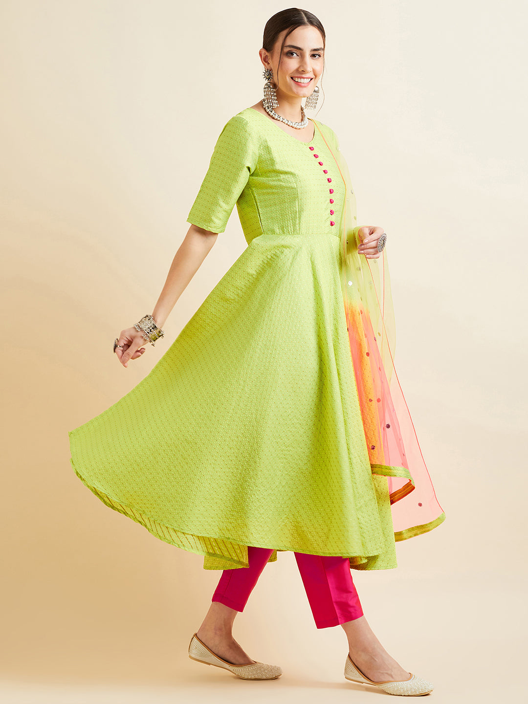 Women Neon Green Pleated Golden Thread Work Kurta Set With Trouser And Dupatta