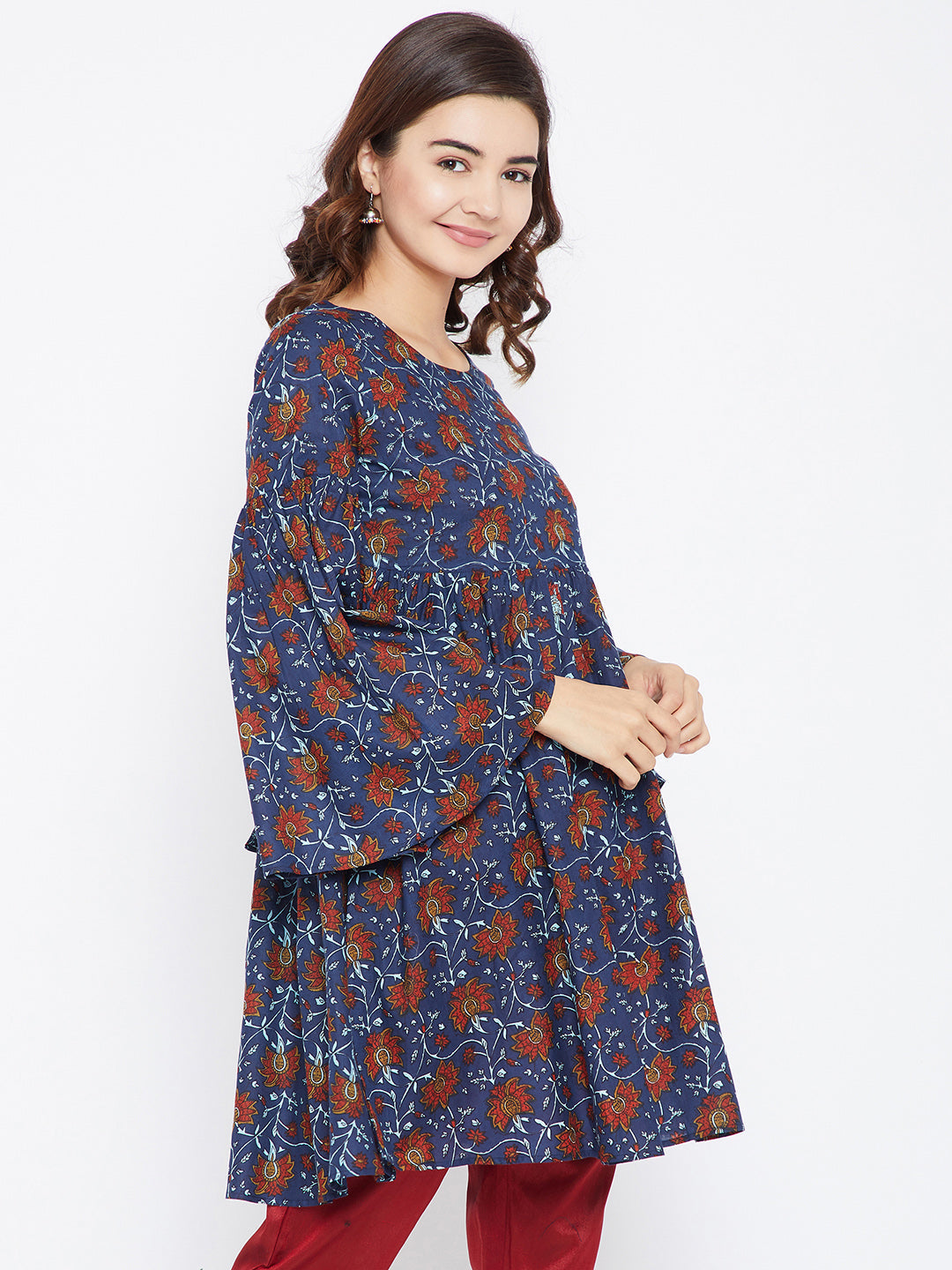 Women Navy Blue and Maroon Printed Kurtis