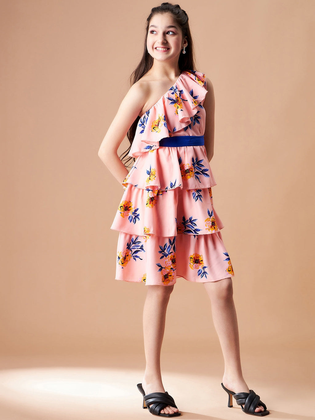 Girls Floral Printed One Shoulder Layered Fit & Flare Dress
