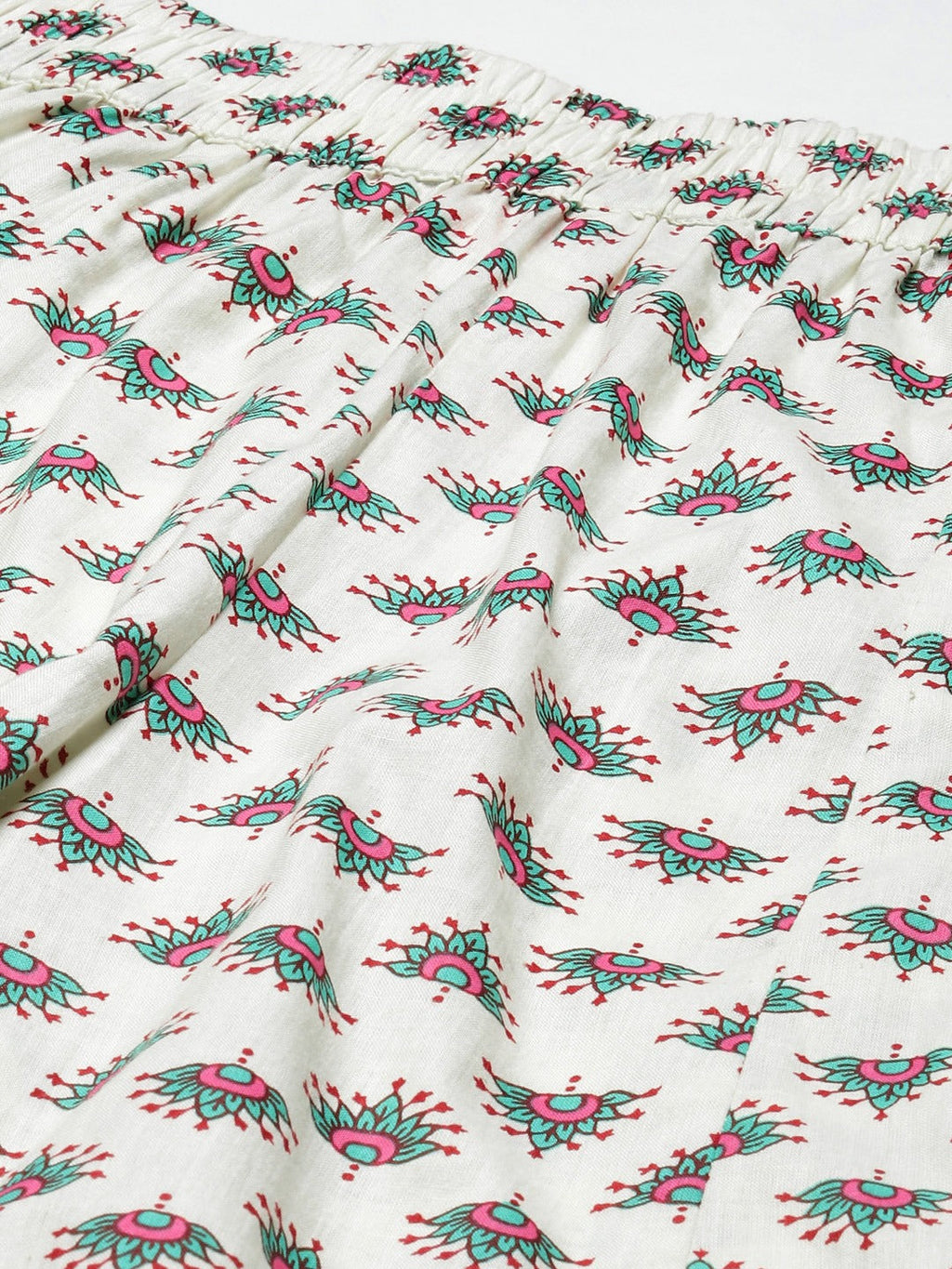 Women Off White & Green Cotton Ethnic Motifs Printed Flared Palazzos