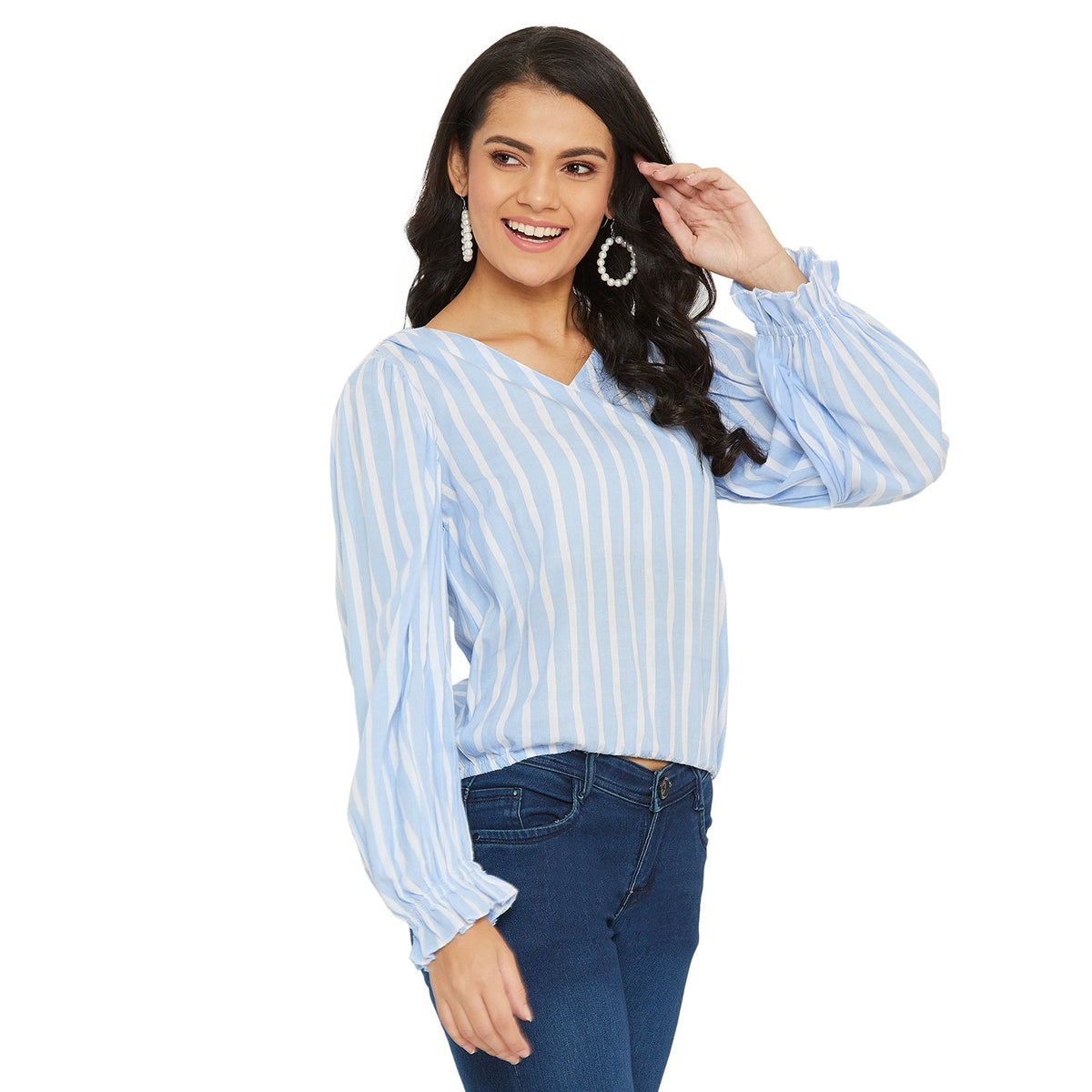Ice Blue And white Stripe Top with gather sleeve and waist elastic