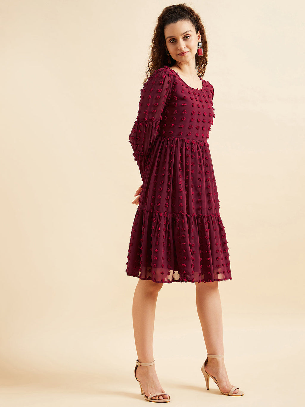 Women Self Design Puff Sleeves Georgette Dress