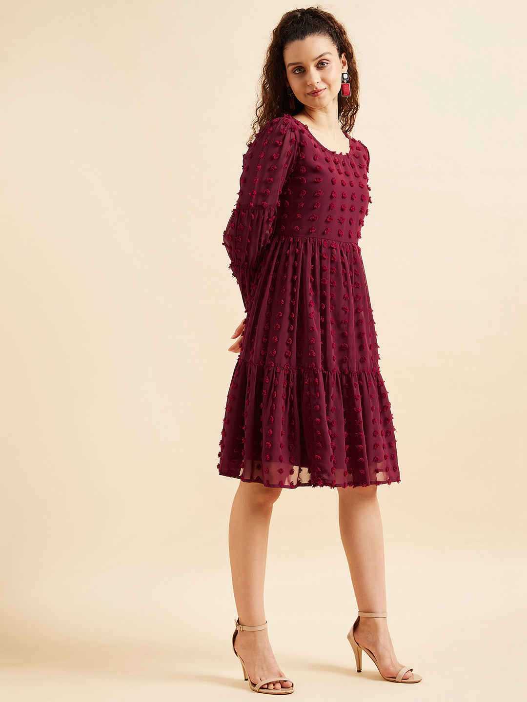 Women Self Design Puff Sleeves Georgette Dress