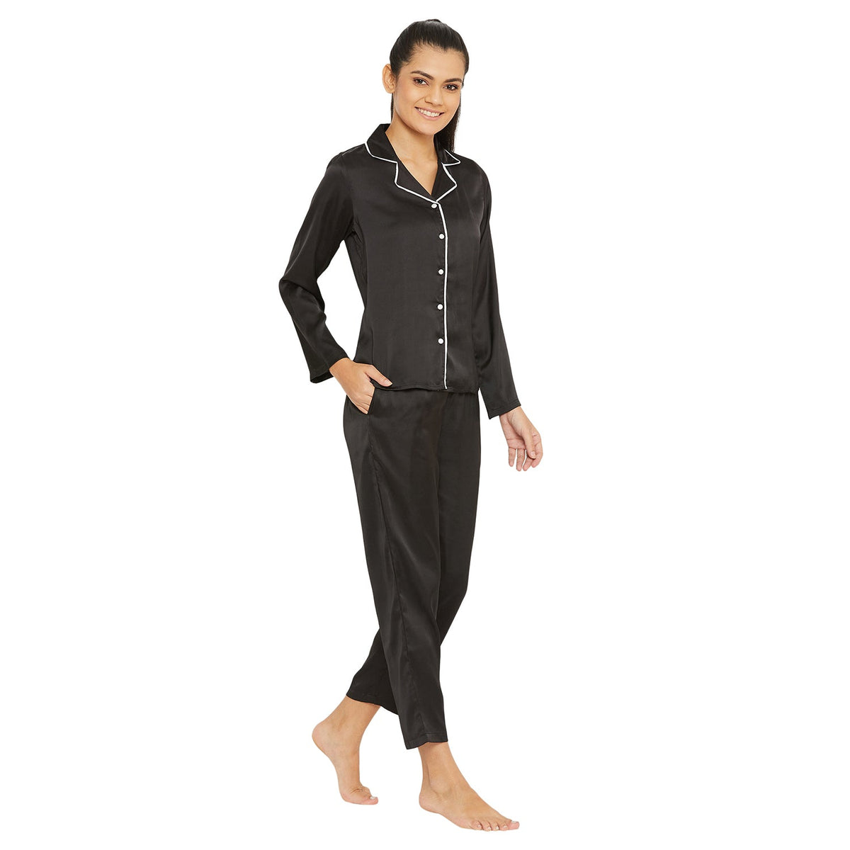 Women Black Satin Finish Solid Night Suit