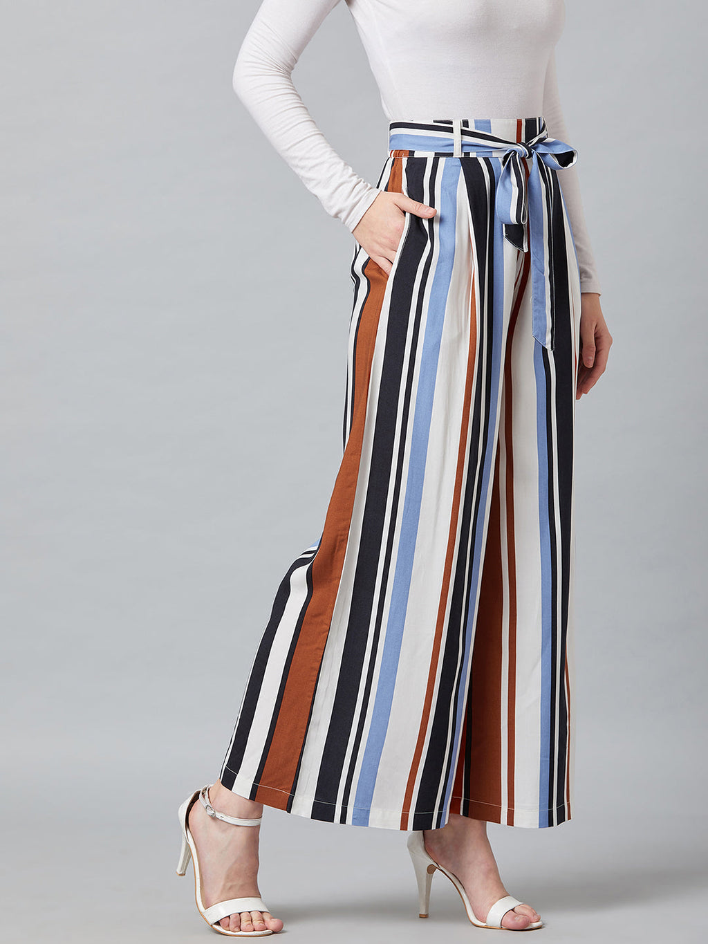 Women Blue & Black Relaxed Loose Fit Striped Trouser