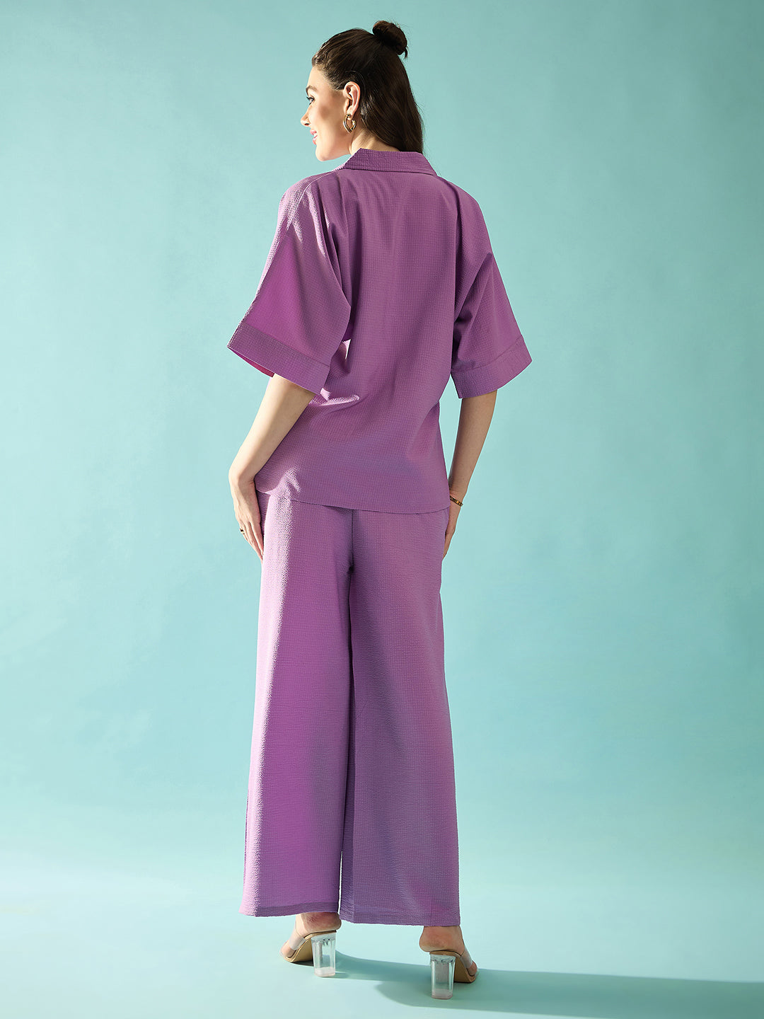 Flared Sleeves Loose Fit Seersucker Shirt Trousers