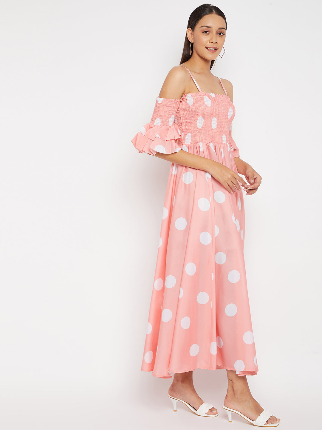 Women Pink Base and White Polka Dot Printed Maxi Dress