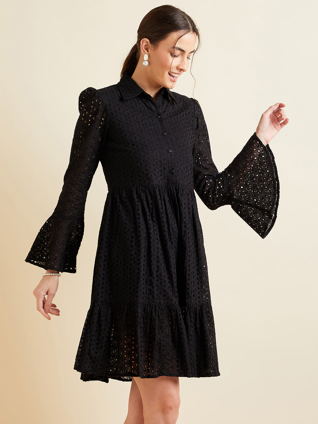 Women Black Shirt Collar Bell Sleeve Ruffled Schiffli Cotton A-line Dress