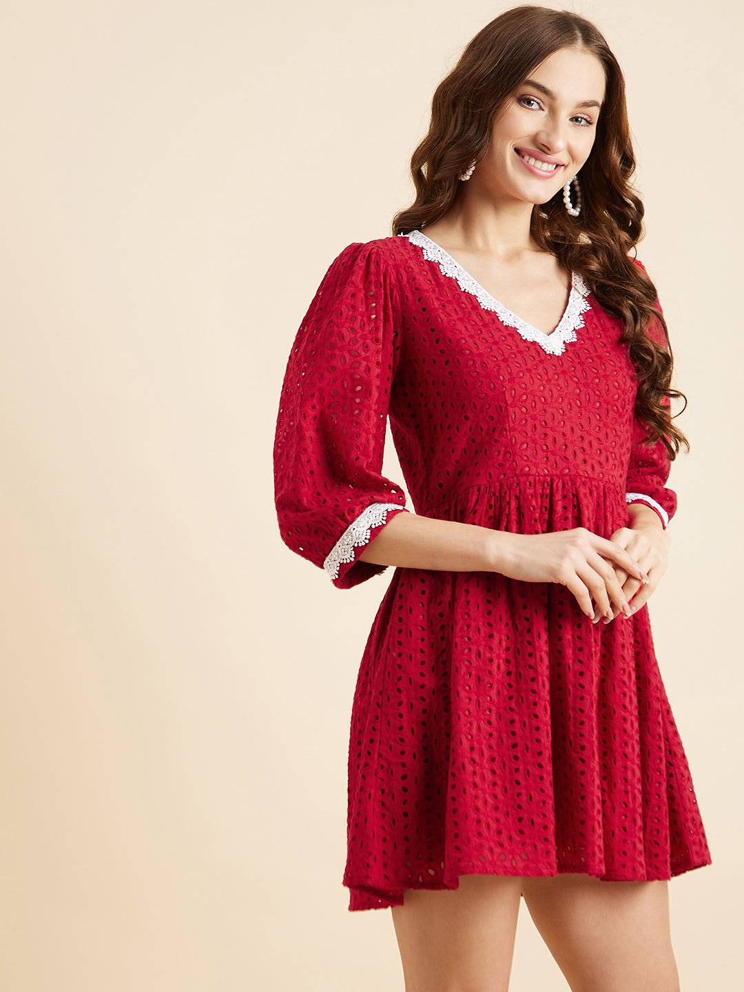 Women Maroon V-Neck Fit & Flare Mini Dress
