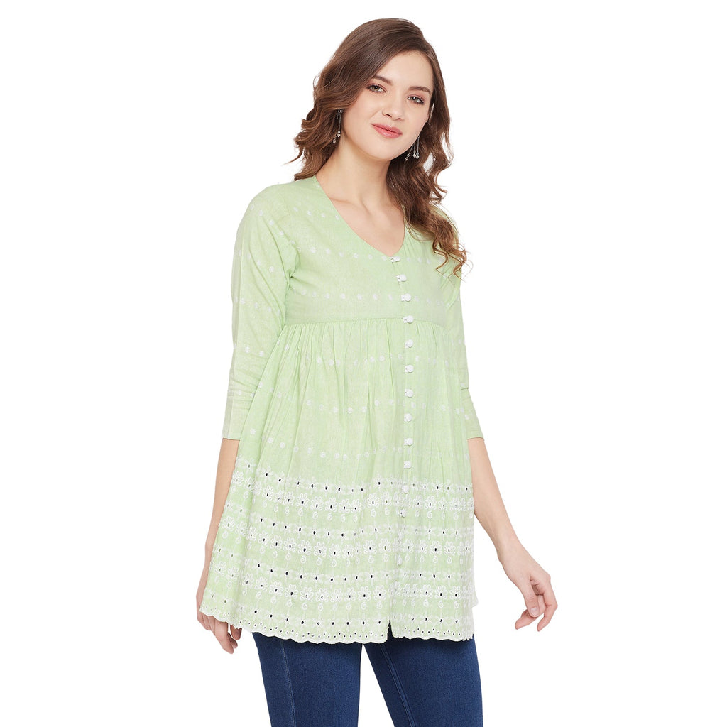 Women Lime Green Schiffli A-Line Flared Top