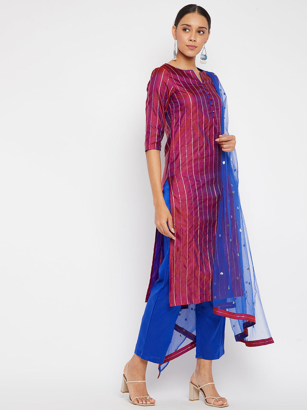 Women Purple Blue Sequin Straight Kurta Set with Dupatta