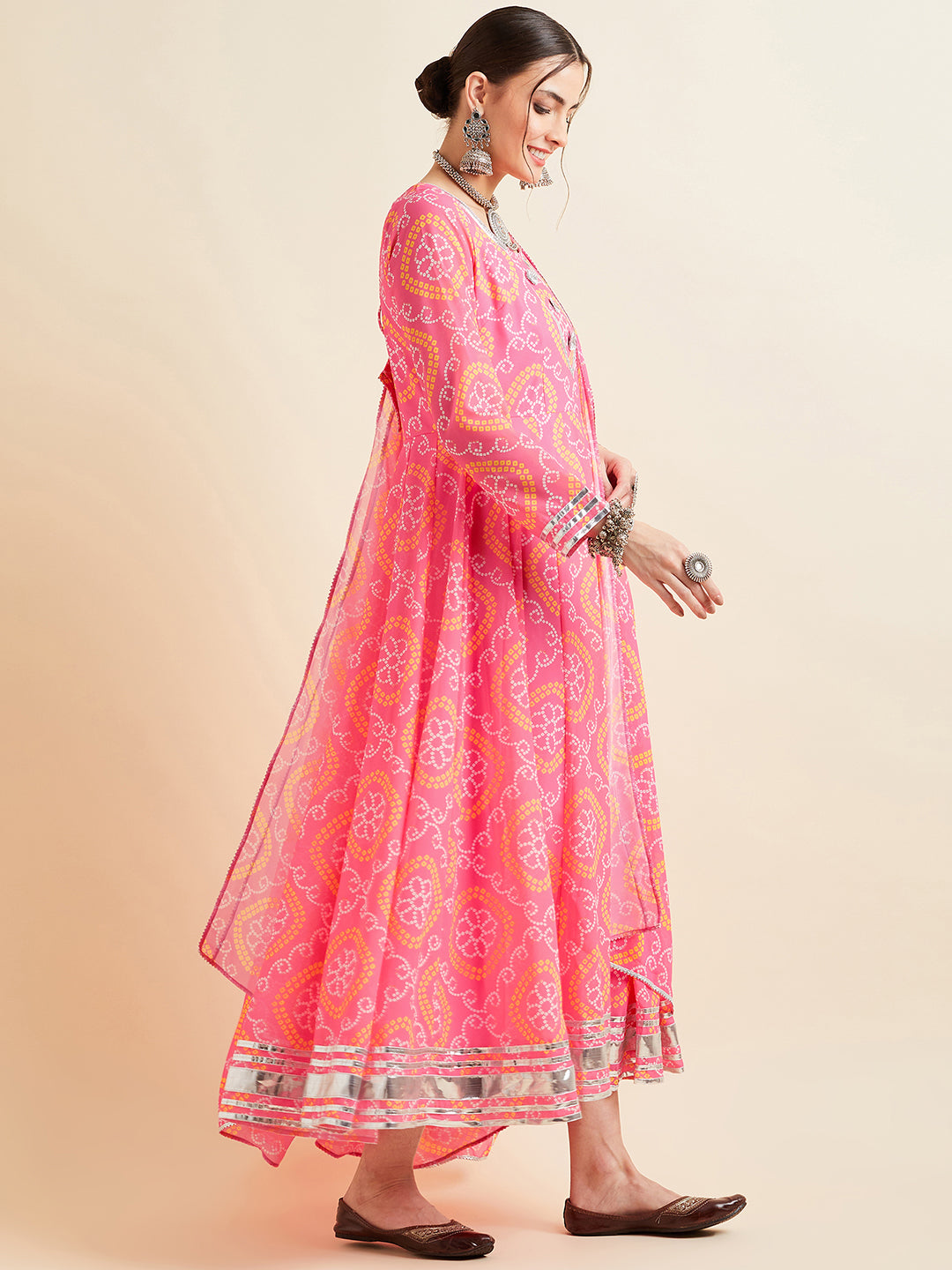 Bandhani Printed Fit & Flared Maxi Ethnic Dress With Dupatta