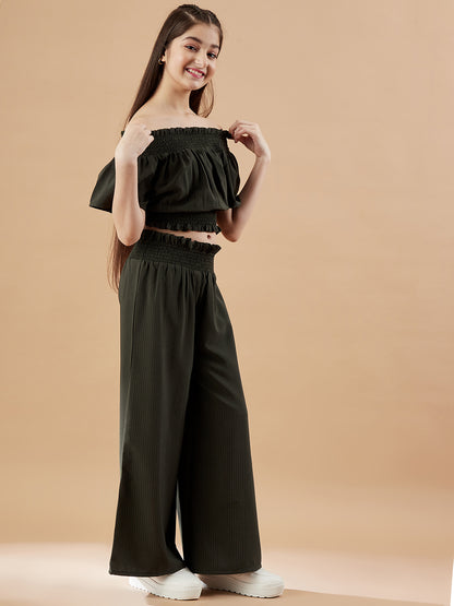 Girls Off-Shoulder Olive Top with Trousers