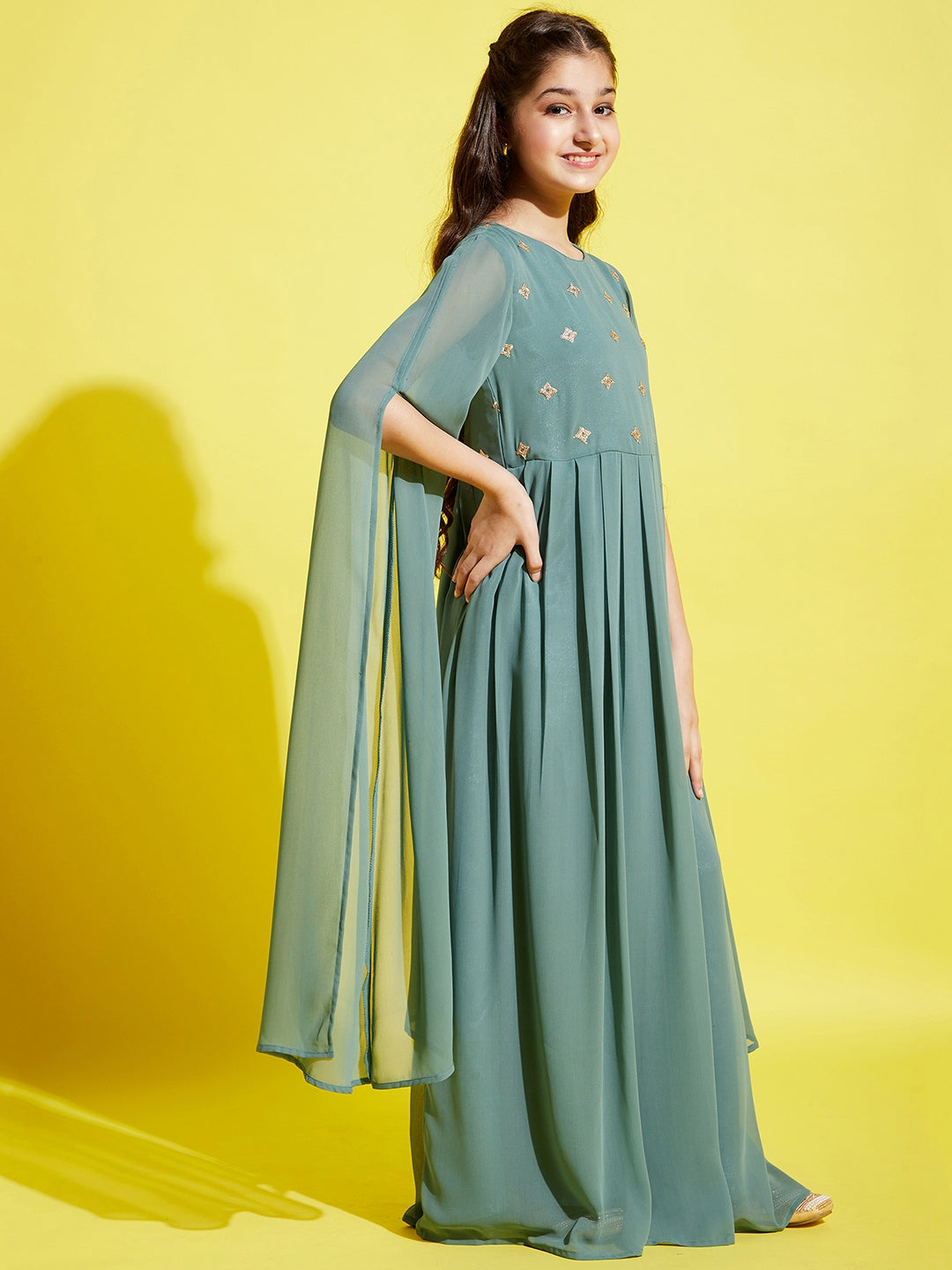 Girls Sea Green Georgette Maxi Dress