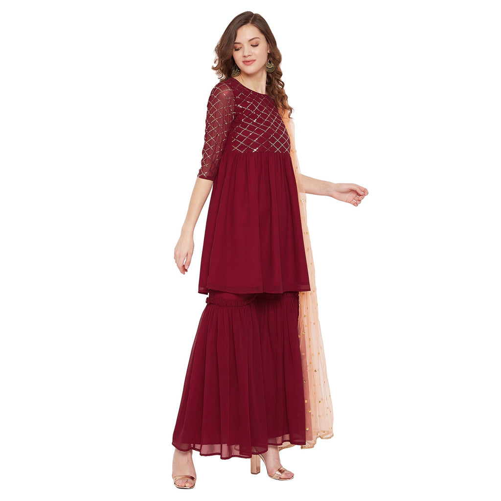 Maronn yoke and sleeve jaal embroidered sharara set with peach dupatta
