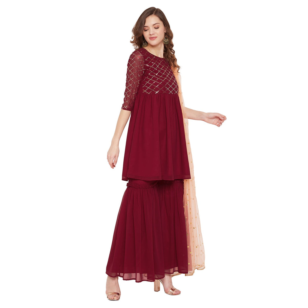 Maronn yoke and sleeve jaal embroidered sharara set with peach dupatta