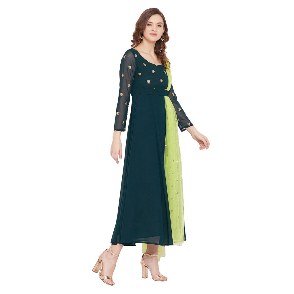 Women Green Embellished Maxi Dress With Dupatta