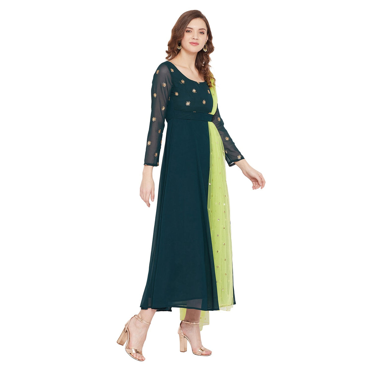 Women Green Embellished Maxi Dress With Dupatta