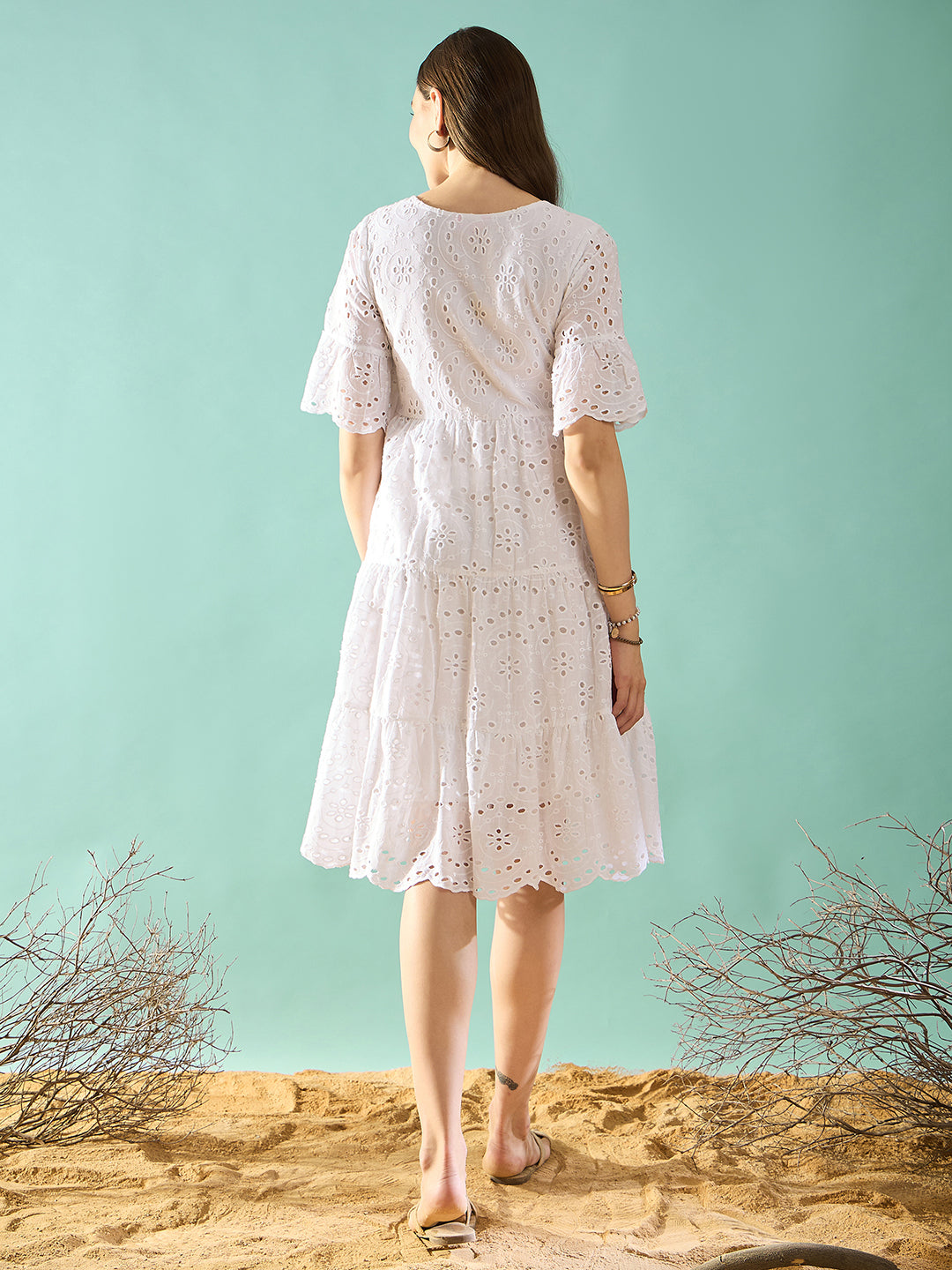 White schiffli tiered A-Line Dress