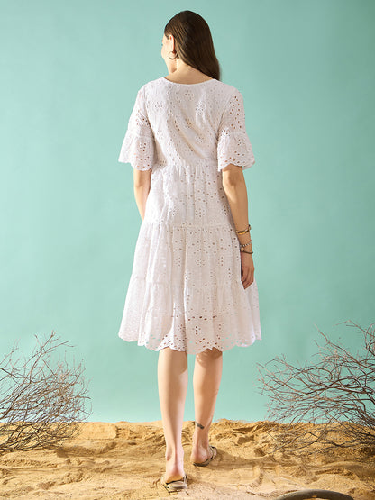 White schiffli tiered A-Line Dress