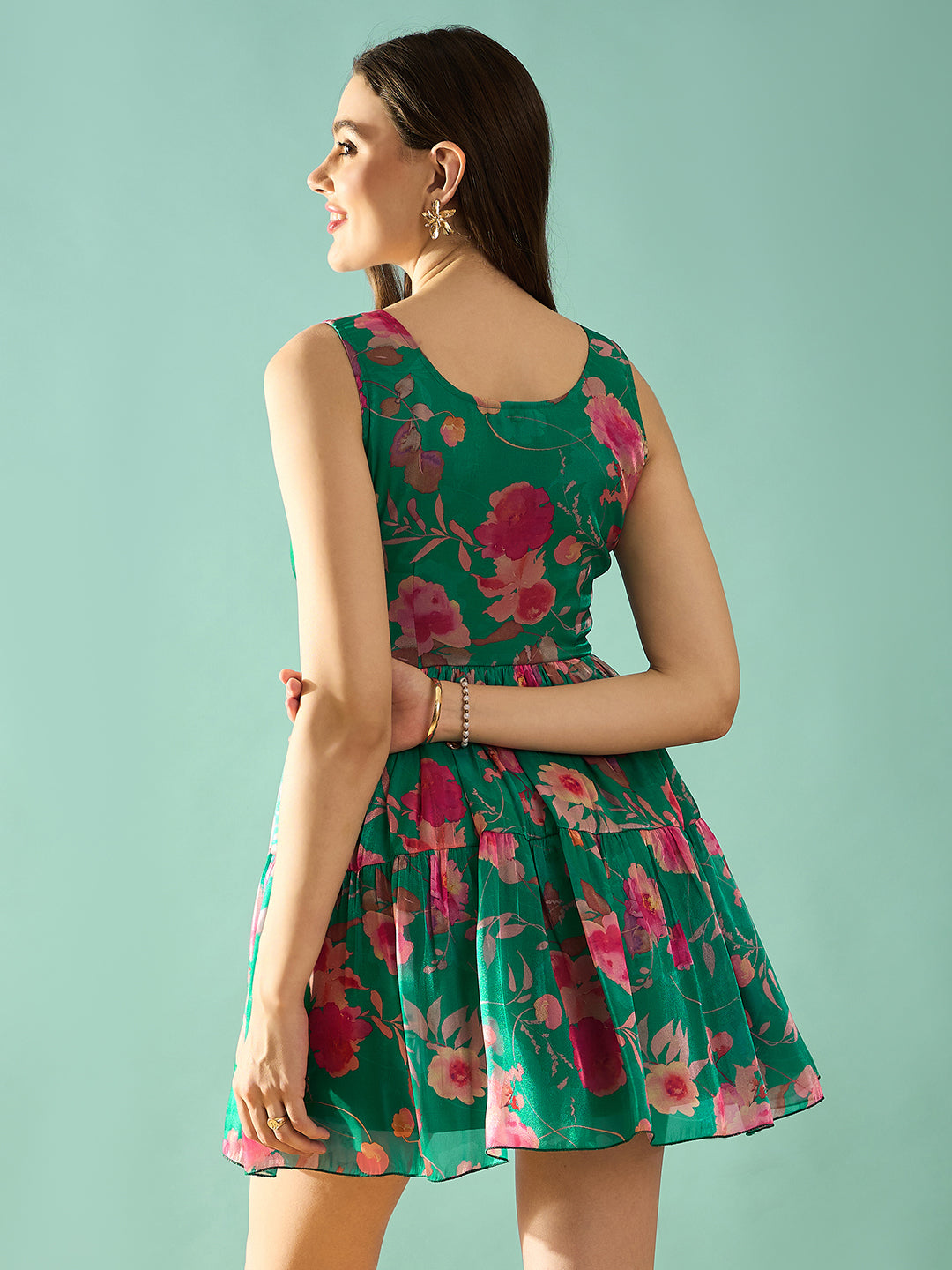 Green Floral Print Fit & Flare Dress