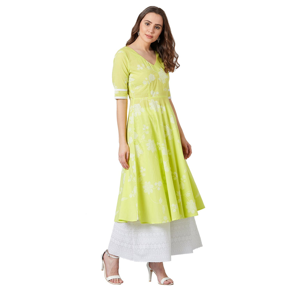 Women Lime Green & White Printed Anarkali Kurta