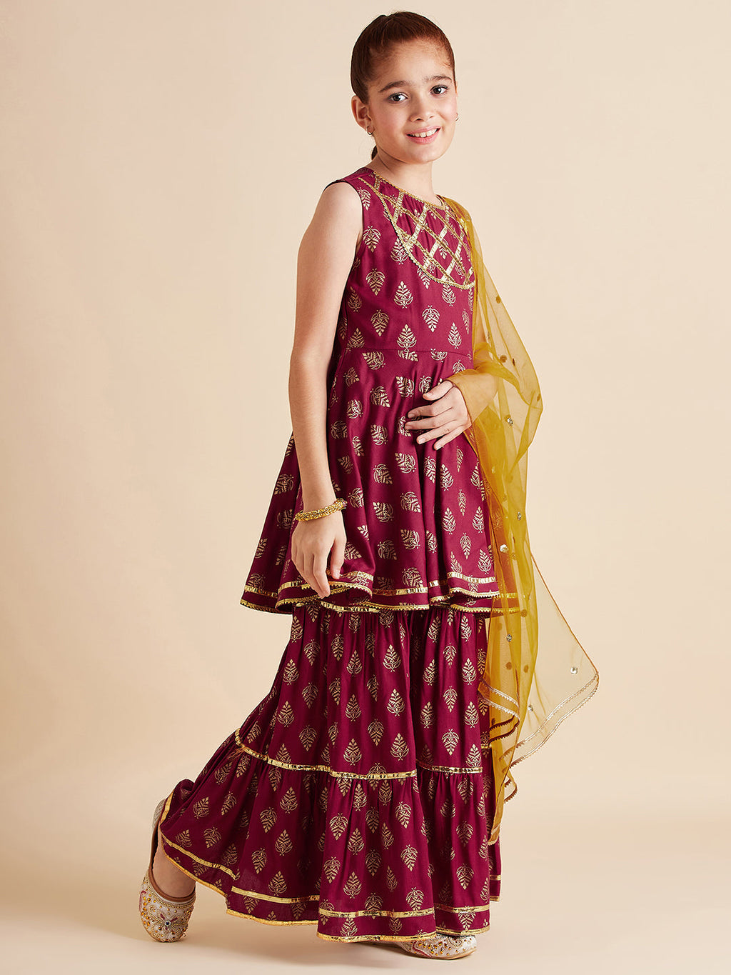Girls Ethnic Motifs Printed Gotta Patti Kurti with Sharara & With Dupatta