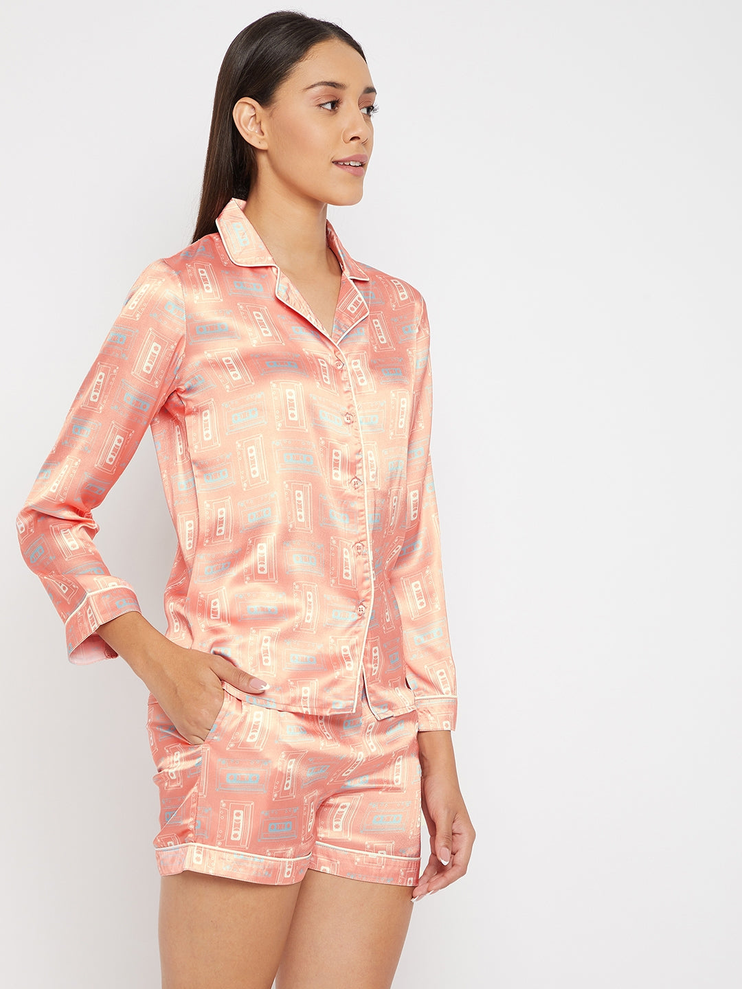 Women Pink & Beige Printed Night suit